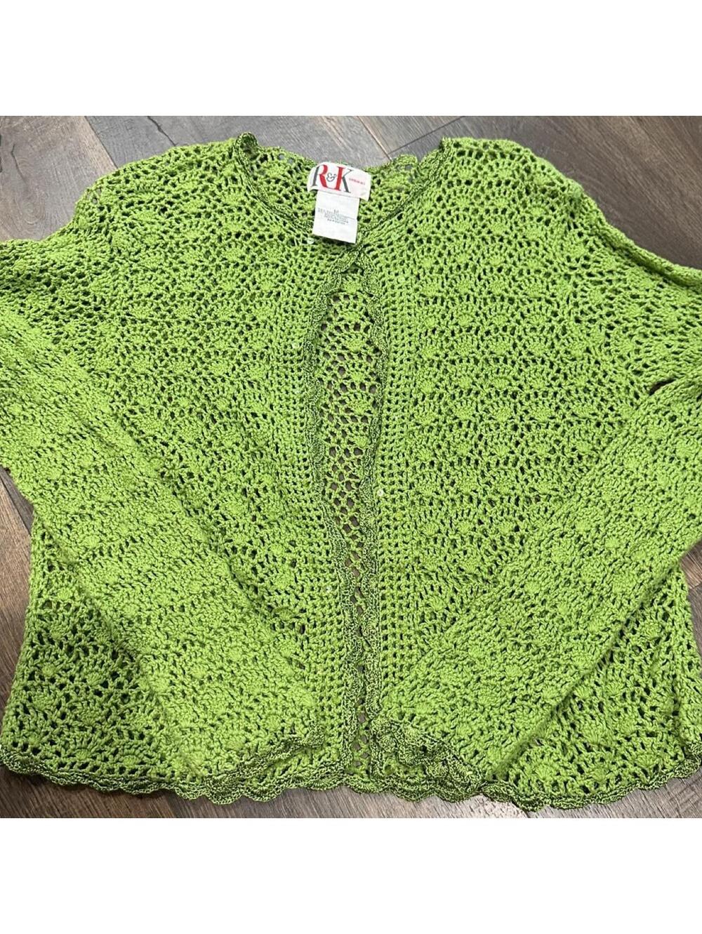 Vintage R&K green crochet cardigan with floral lace pattern